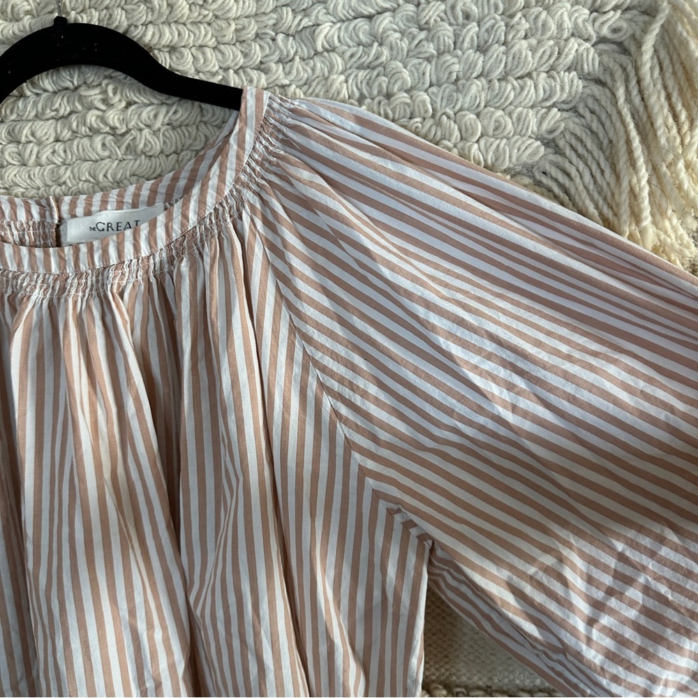 THE GREAT. dusty pink and white striped billowy bishop sleeve top M - Picture 5 of 11